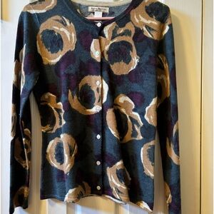 Print button up sweater. Green, tan and purple print. Size S
